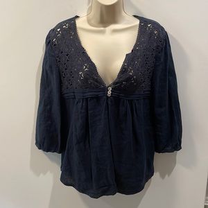 MALVIN womens size M blue cottage core I heart linen crochet peasant top